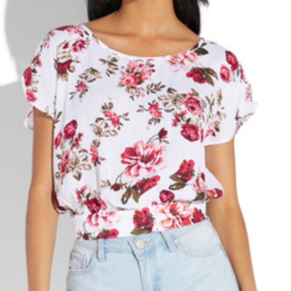 Ivory & Floral Print Top, Open Back With Tie Detail